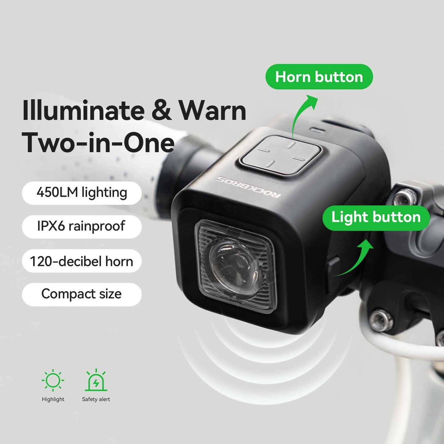 2-in-1 Bike Horn & Front Light -  450lm